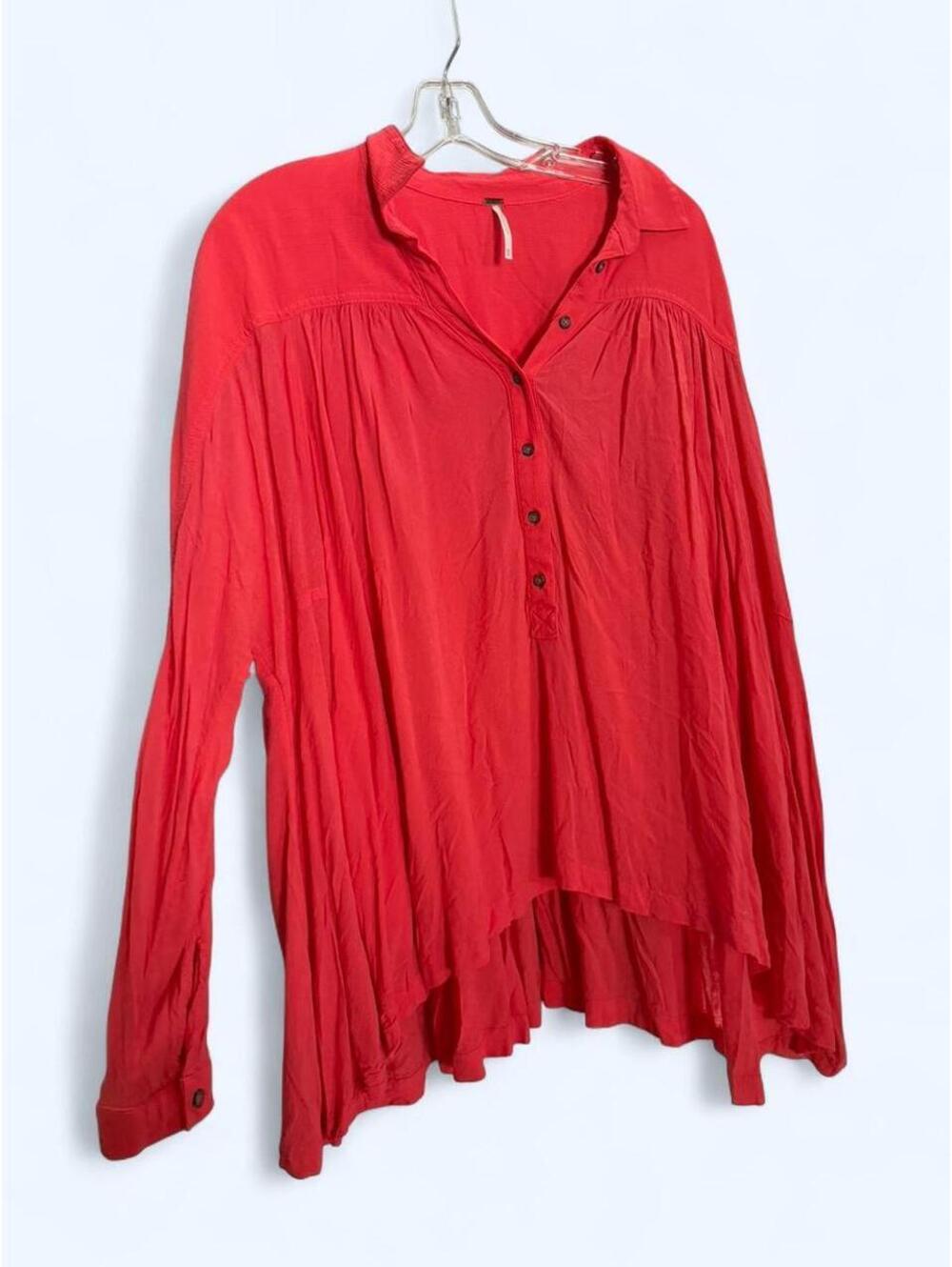 Red Free People long sleeve blouse with button down detail